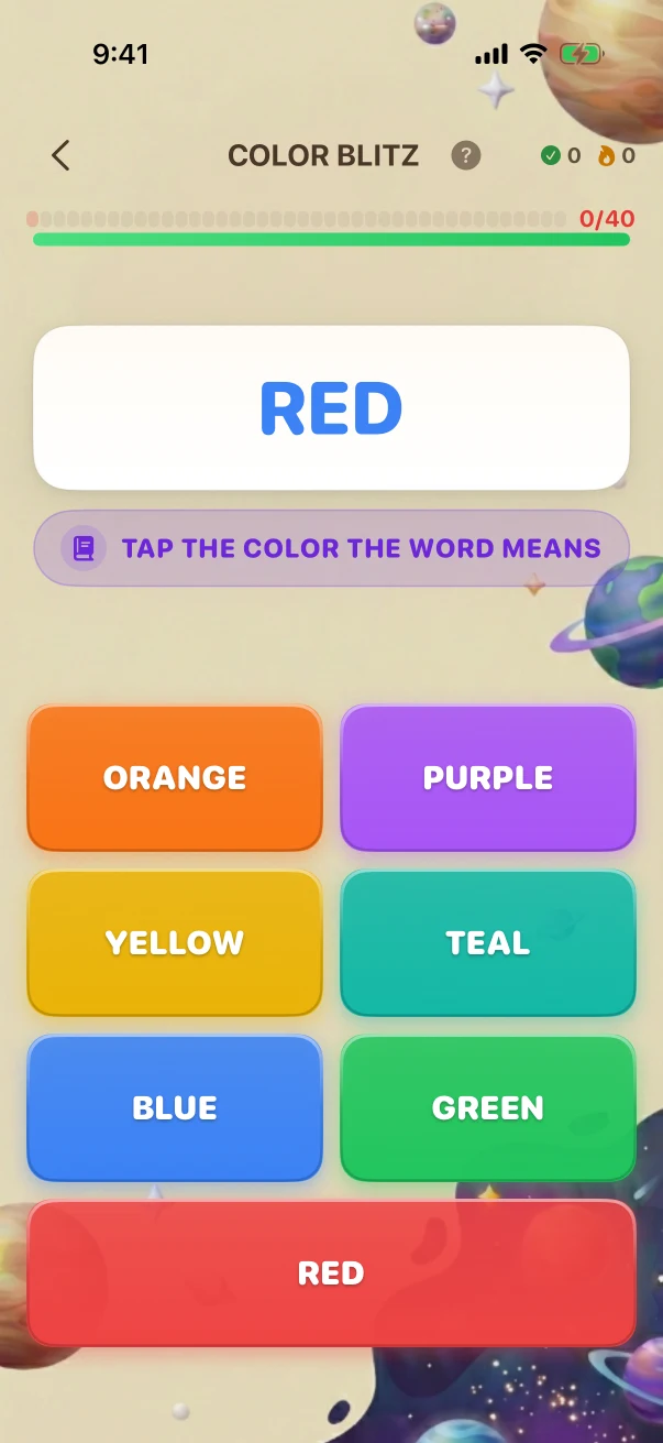 ColorBlitz Problem screen. TAP THE COLOR THE WORD MEANS