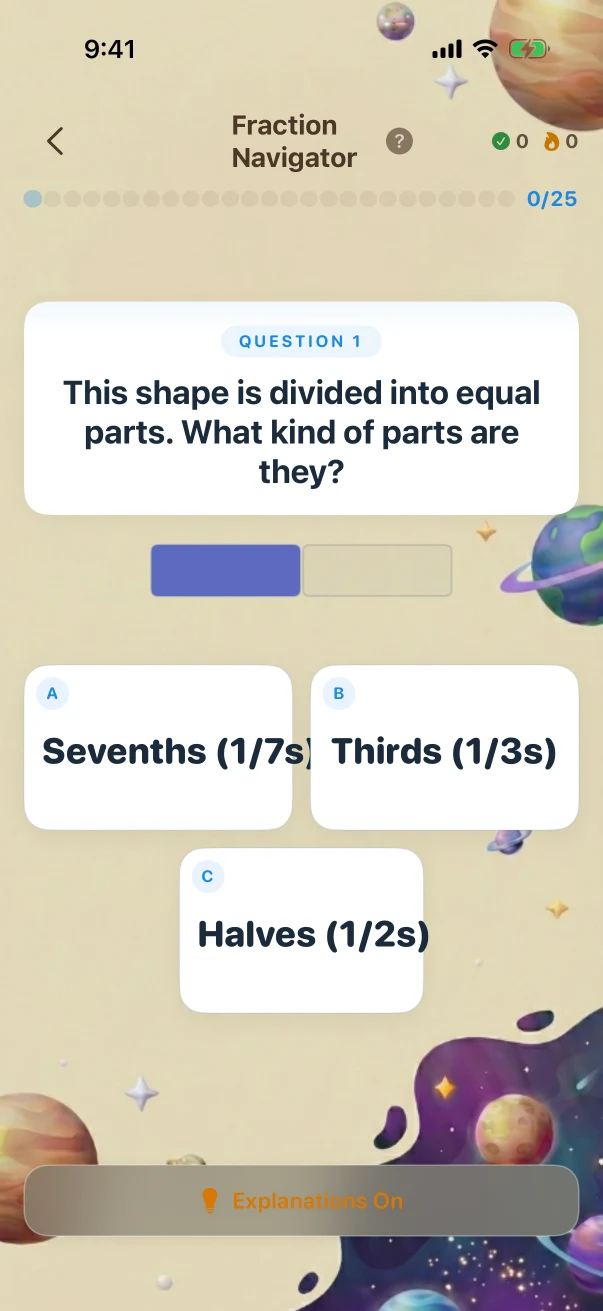 FractionNavigator Problem screen. This shape is divided into equal parts. What kind of parts are they?