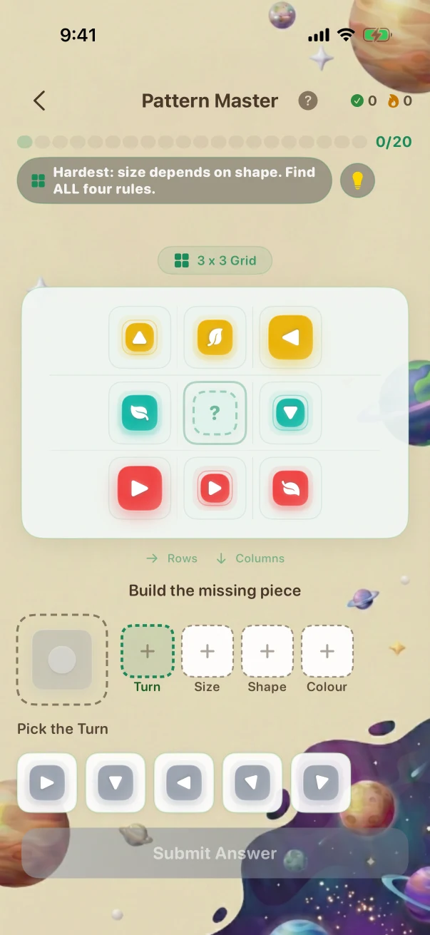 PatternMaster Problem screen. Hardest: size depends on shape. Find ALL four rules.
