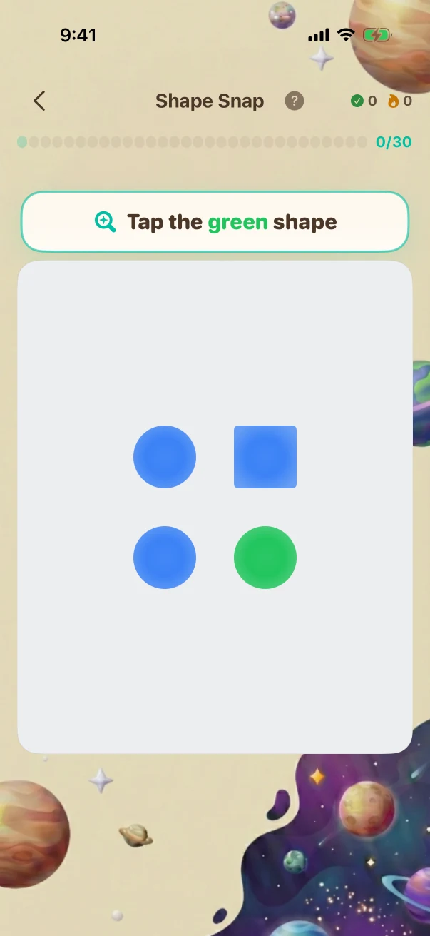 ShapeSnap Problem screen. Tap the GREEN shape