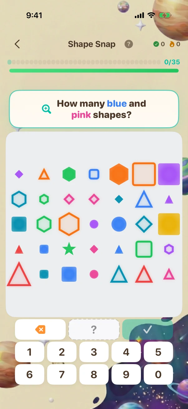 ShapeSnap Problem screen. How many BLUE and PINK shapes?