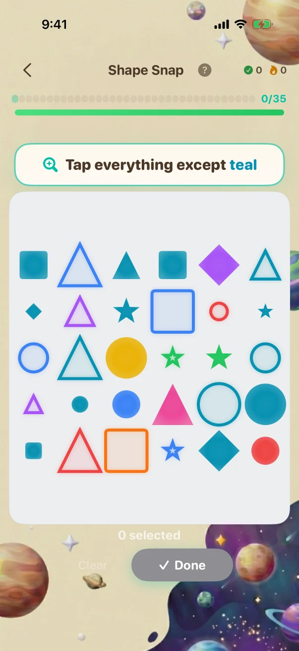 ShapeSnap Problem screen. Tap everything EXCEPT the TEAL shapes