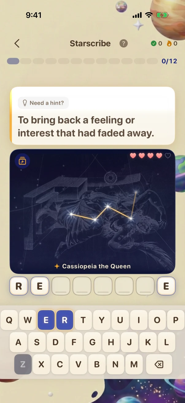 Starscribe Guesses and letter feedback. To bring back a feeling or interest that had faded away.
