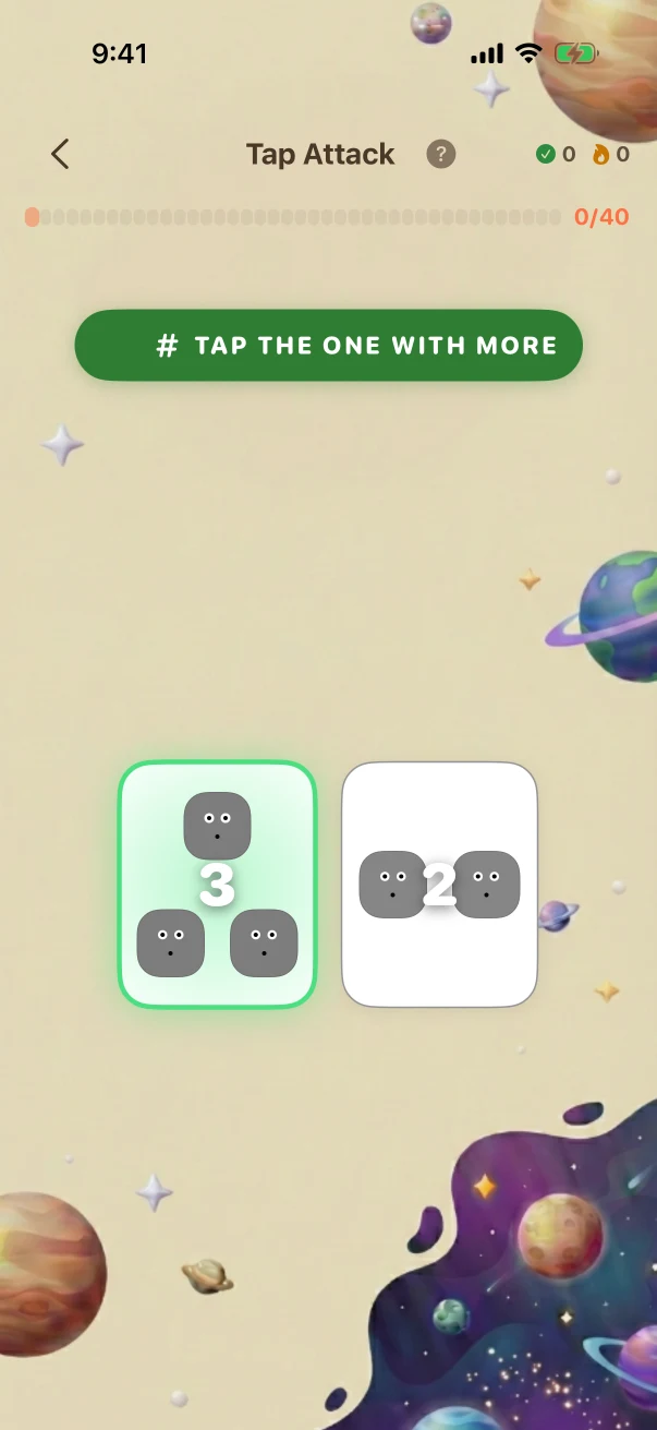 TapAttack Correct-answer feedback. TAP THE ONE WITH MORE (2 cards)