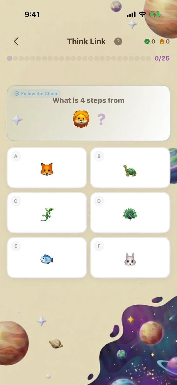 ThinkLink Problem screen. What is 4 steps from 🦁?