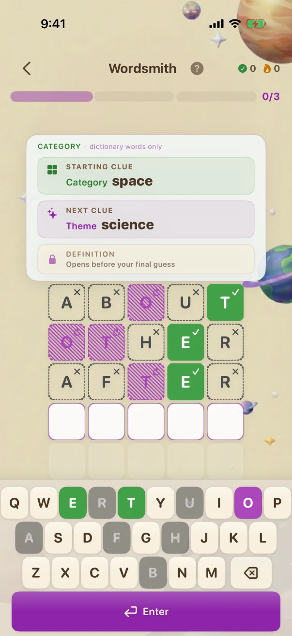 Wordsmith Guesses and letter feedback. space