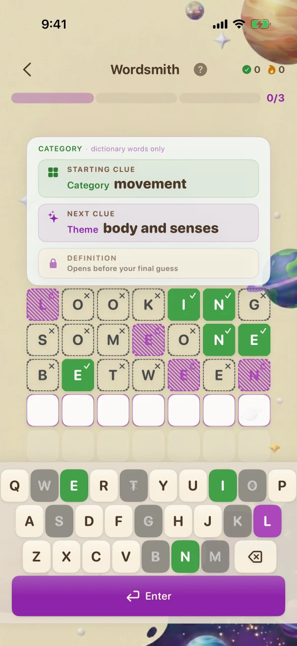 Wordsmith Guesses and letter feedback. movement